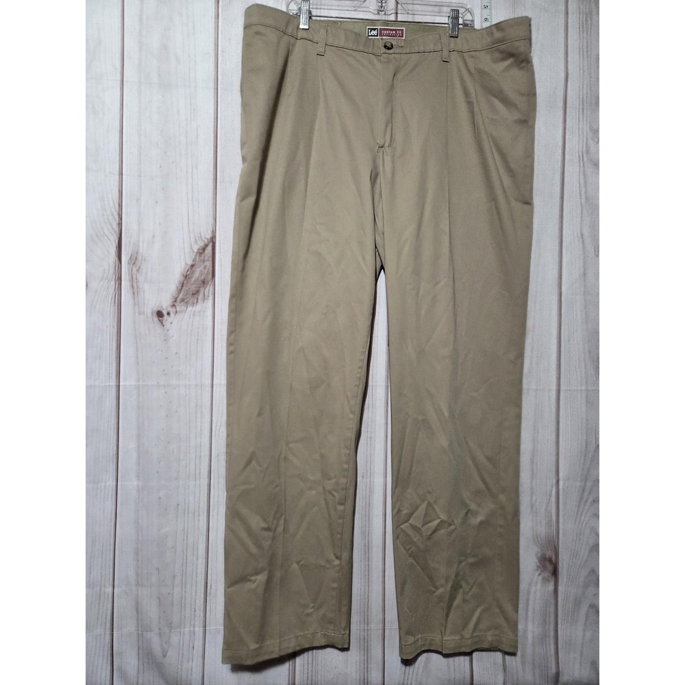 Lee Pants Mens 44x34 Khaki Custom Fit Collection Comfort Waist Flat Front‎ Work